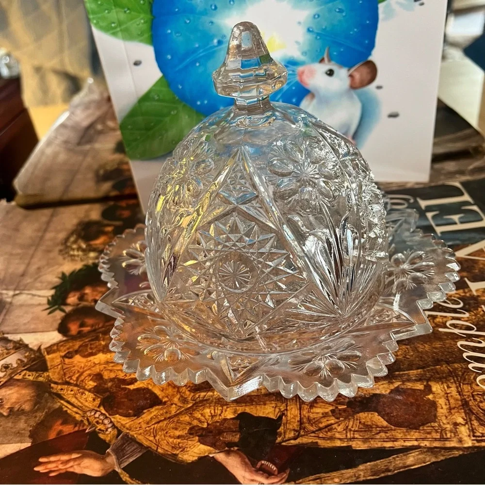 Pressed Glass Covered Butter Dish Domed Vintage Kitchen Dining